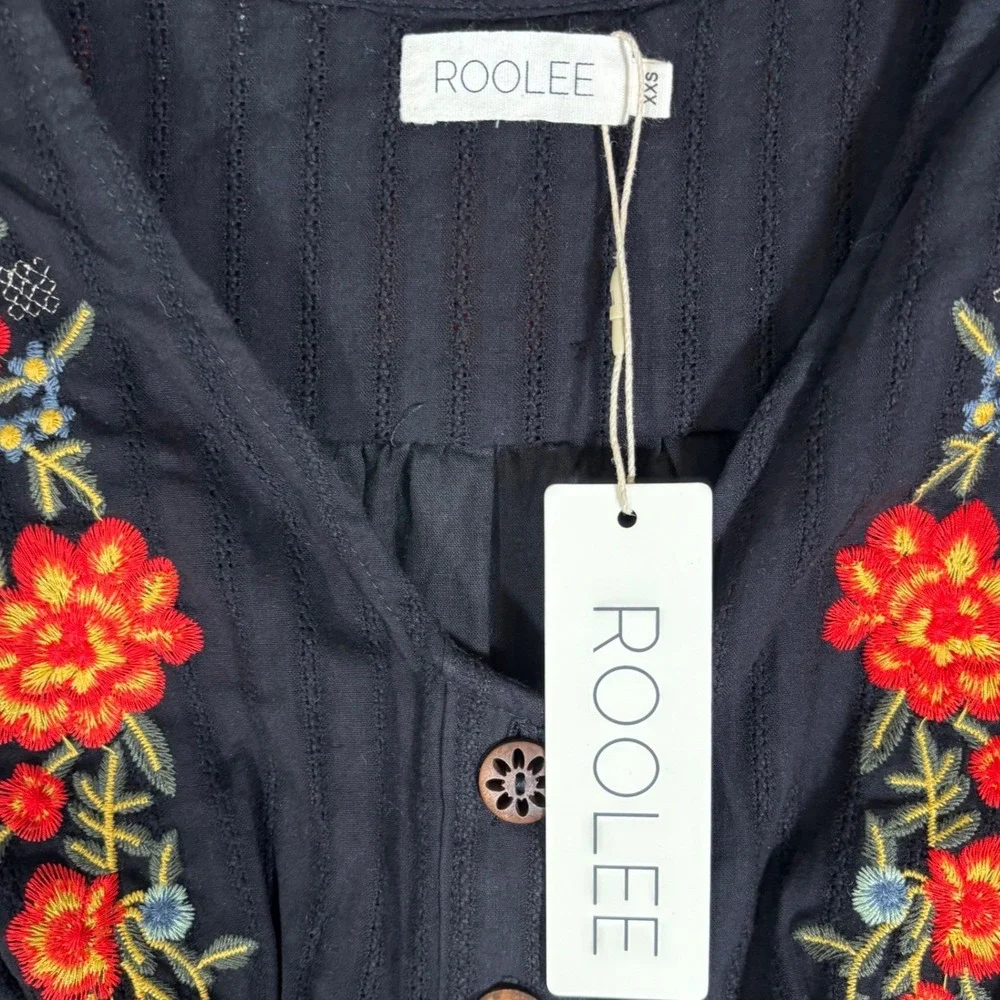 ROOLEE Black Floral Embroidered Cotton Button Front Midi Dress XXS NWT Cottage - Picture 3 of 14